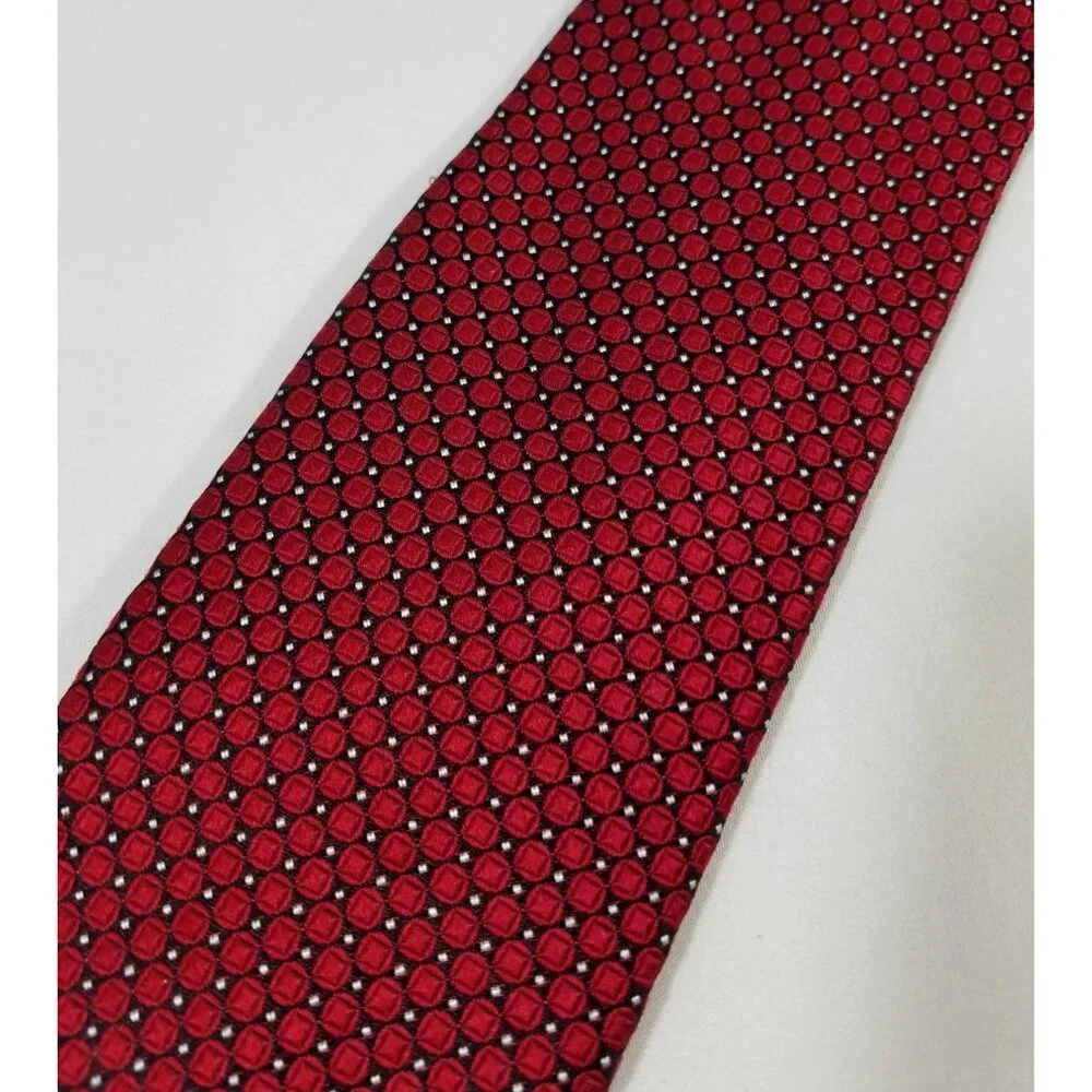 JZ Richards Mens Red Silk Tie Made In USA Geometric Circles in Squares